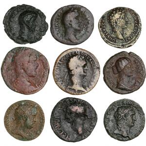 Romerske Kejserdømme, 9 kobbermønter, 1.-2. århundrede, alle med forskellige kejserekejserinder