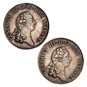 Sverige, Gustav III, 13 Riksdaler  1 Daler Silvermynt 1777, SM 61, i alt 2 stk.
