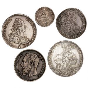 Lille samling af mønter fra bl.a. Belgien, Italien, Tyskland og Ungarn, i alt 5 stk. i varierende kvalitet
