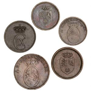Frederik Vi, rigsbankdaler 1819 5 øre 1875, samt 6 øvrige mønter