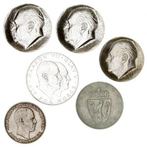 Norge, 2 kr 1908, NM 6, erindringsmønter, 10 kr 1964 AB, NM 2, 25 kr 1970 AB, NM 1, 50 kr 1978 AB og 100 kr 1982 K 2 stk.,