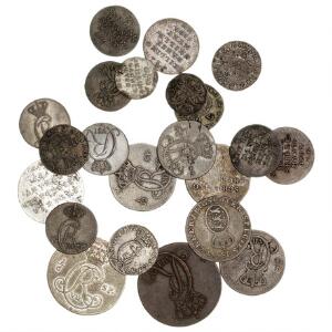 Christian VII, lille samling bestående af 21 mindre sølvmønter samt en enkelt kobbermønt, i alt 22 stk. i varierende kvalitet