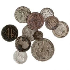 Spanien, lille lot med mønter fra hovedsagelig det 19. århundrede, bl.a. enkelte fra Barcelona, i alt 11 stk. i varierende kvalitet
