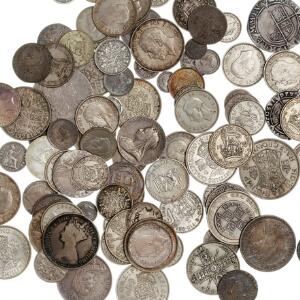 England, samling af sølvmønter i forskellige værdier, bl.a. en del shilling og florin mønter, i alt 93 stk. i varierende kvalitet