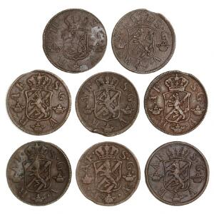 Sverige, Adolf Frederik, 2 øre sølvmønt 1751, 1762, 1763, 1764, 1766 2, 1768 og Gustav III, 2 øre sølvmønt 1777, i alt 8 stk.