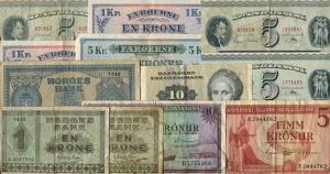 Samling af pengesedler fra Danmark, Færøerne, Island og Norge, bl.a. Færøerne, 1 kr 1940 2 og 5 kr 1940, Sieg 15 og 16 kval. 1, i alt 12 stk.