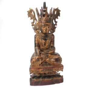 Buddha af forgyldt træ siddende på lotus trone, antagelig Laos. 20. årh. H. 68 cm.