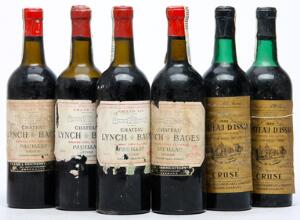 4 bts. Château Lynch Bages, Pauillac. 5. Cru Classé 1966 Bottled in DK.  etc. Total 6 bts.