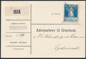 1905. 10 øre, 2.blå. Single på adressekort til Egesminde, annulleret med sort liniestempel Administrationen for Kolonierne i Grønland. Flot forsen  AFA 16000