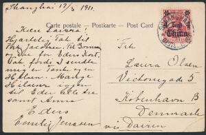 Tysk post i Kina. 1911. 4 cents10 pf. rød på fint postkort via Darien til København