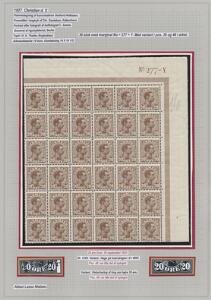 1921. Chr. X, 20 øre brun. Postfrisk 36-blok med vaianter i pos. 36 Retoucheret ring omkring 20 og pos. 48 Hage på E. Perfekt postfrisk kvalitet