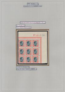 1918. Chr. X, 27 øre, rødsort. Perfekt postfrisk 9-blok med øvre hjørnemarginal 116-J. Midterste mærke med varinat Streg i R. LUX-kvalitet