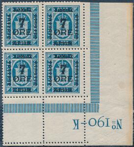 1926. 74 øre, blå. Postfrisk fireblok med variant Flossede bogstaver