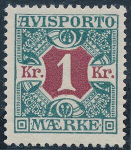 1914. 1 kr. blågrønbrunrød. Variant TYND NORDRAMME. Smukt centreret mærke. AFA 1800