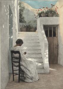 Peter Ilsted Syende Pige ved en italiensk Villa. 1928. Stempelsign. Peter Ilsted. Mezzotinte i farver. 26,3 x 19,1.