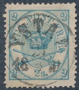 1864. 2 sk. blå. Perfekt svensk stempel YSTAD 21.2.1870