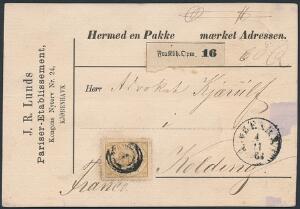 1864. 8 sk. gulbrun. Single på dekorativt privatfremstillet adressekort fra København til Kolding