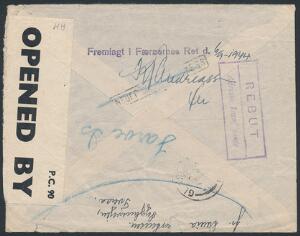 1944. Chr.X, 20 øre, rød. Par på censurbrev fra Trangisvaag 10.1.44 til Skotland, returneret via Glasgow.