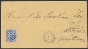 1875. Våben, 20 penni, blå. Smukt brev fra Ny Carleby 31.7.1877