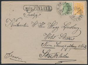 1894. 5 p. grøn og 20 p. orange. på pragtbrev ann. med SVENSK stempel STOCKHOLM 7.8.94 og FRÅN FINLAND