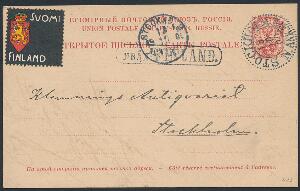 1900. 4 p. helsagskort påsat sort protestmærke og sendt som skibspost til Sverige, ann. ved ankomst STOCKHOLM 13.10.1900