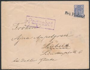 ca. 1900. 25 p. helsagskuvert, blå, sendt til Lübeck. Annulleret i Danmark Fra Finland og violet rammestempel PAQUEBOT