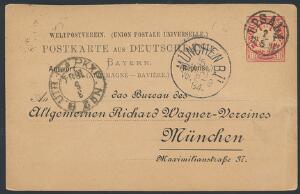 Bayern. 1884. 10 pf. helsagskort annulleret med SVENSK STEMPEL