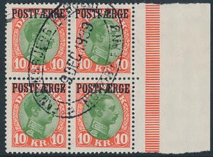 1930. 10 kr. rødgrøn, Chr. X. Stemplet 4-blok med højre marginalrand. AFA 4000.