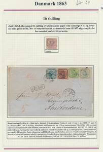 1854-1863. 2 Udstillings-plancher med bl.a. 16 sk. stukken kant samt 2 breve m.m.