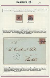 1851. 4 RBS FERSLEW 1, retoucheret krone, uretoucheret bundmønter. Udstillingsplanche med 2 mærker samt APRIL-BREV fra 13.4.1851.