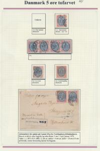 1875. 5 øre, rødblå. Udstillingsplanche med 3 mærker, 4-stribe samt brev.