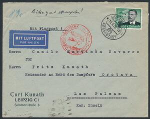 Tysk Rige. 1934. Luftpost. 2 RM. grønsort. Single på ZEPPELIN-brev EUROPA-SÜDAMERIKA.