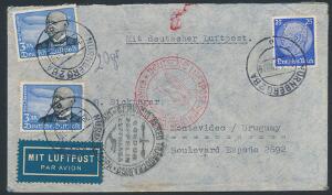 Tysk Rige. 1934. Luftpost. 3 RM. blåsort 2 stk. samt 25 Pf. Hindenburg, blå, på ZEPPELIN-brev EUROPA-SÜDAMERIKA.