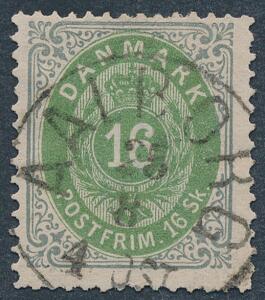 1870. 16 sk. grågrøn. Med PRAGT-stempel AALBORG 25.8.4 POST