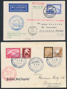 Tyskland. 1928. Zeppelin, 1 mark, rød og 2 mark, ultramarin på 2 fine brevkort til USA og Brasilien