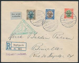 1931. Zeppelin. Komplet sæt incl. 1 kr. emd variant Hage på 1-tal på fint REC-brev til Bruxelles