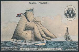 Postkort. Nordvest Passagen. Kaptajn Roald Amundsens skib Gjøa og expeditionens deltagere.