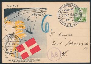 1939. 7 øre grøn, Chr. X. Brevkort afstemplet Dansk Nordøstgrønlandsekspedition og sendt via Tyskland til polarforsker Eigil Knuth. Tysk censur. Se beskrivelse.