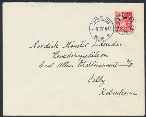 1934. 15 øre rød, Karavel. Single på smukt brev til København, anulleret med udsl. NOLSØ og sidestempel Thorshavn 4.9.34.