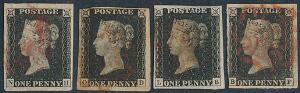 England. 1840. One penny, black. 4 stk. Det første bredrandet mærke er med mindre tyndhed, øvrige 3 mærker er alle let beklippede.