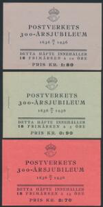 1936. Postverket 300 år. 5 öre, grøn, 10 öre, violet og 15 öre, rød. Takket på 4 sider. 3 komplette hæfter, alle i perfekt kvalitet. Facit 3400