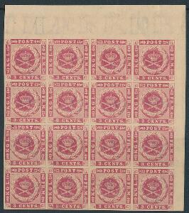 1866. 3 cents, karmin. Plade II. Flot øvre hjøre MARGINAL 16-BLOK, med 14 postfriske mærker.
