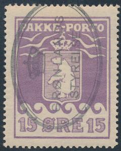 1915. 15 øre, violet. Kartonpapir. PRAGT-mærke med smukt placeret ovalt stempel. AFA 2200