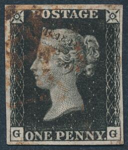 England. 1840. One penny, black. G-G. Pænt eksemplar med brede rande.