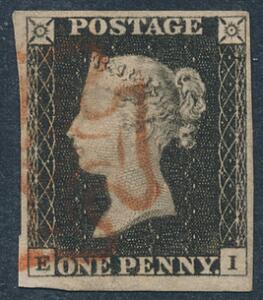 England. 1840. One penny, black. E-I. Nydeligt mærke med pænebrede rande.