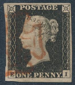 England. 1840. One penny, black. E-I. Nydeligt mærke med pænebrede rande.