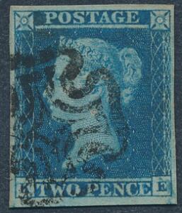 England. 1841. Two penny, blue. Plade 3. Et smukt bredrandet mærke.