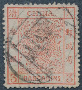 Kina. 1878. 3 Ca. rød. Pænt eksemplar.