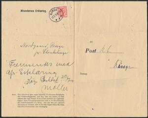 1913. Chr. X, 10 øre, rød. Single på AFSENDERS ERKLÆRING fra Kjøge 27.7.14. Sjældenhed i pragtkvalitet