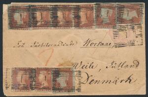 England. 1841. Victoria. 1 d. rød. Utakket. 9 STK. 3-stribe, par og 4 enkeltmærker, på brev sendt til DANMARK, på bagsiden flere stempler, bl.a. ABERDEEN OC